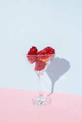 Slices of red pomegranate fruit in coctail glass with sunlight shadow against pastel blue and pink background. Autumn juicy fruit concept.