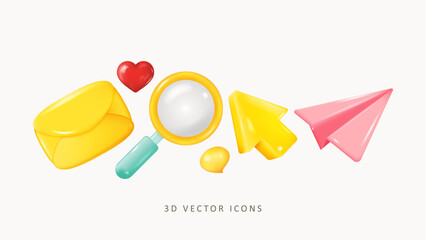 3d Icon Set. Mail, Magnifier, Mouse Cursor, Paper Plane. Realistic Glossy 3d Vector Illustration - 536138527