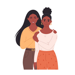 Black lesbian couple hugging and smiling. Sweetheart couple together. LGBT family, LGBT pride. Hand drawn vector illustration