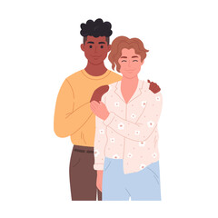 Gay couple hugging and smiling. Sweetheart couple together. LGBT family, LGBT pride. Homosexual multiracial couple. Hand drawn vector illustration