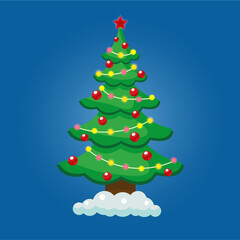 christmas tree with red balls and a garland on a blue background