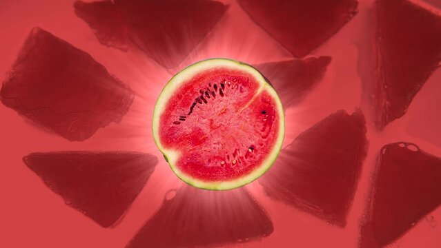 Watermelon on a red background. Rays of light. Rotating slice.