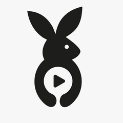 Rabbit Play Logo Negative Space Concept Vector Template. Rabbit Holding Play Symbol