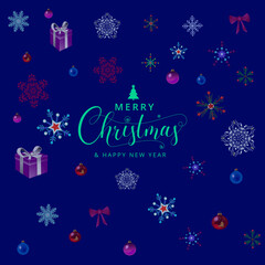 Fototapeta na wymiar christmas card with snowflake toys and bows on blue background