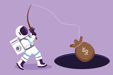 Character flat drawing young astronaut holding fishing rod got big money bag from hole in moon surface. Spaceman catching money bag at galaxy. Cosmonaut outer space. Cartoon design vector illustration
