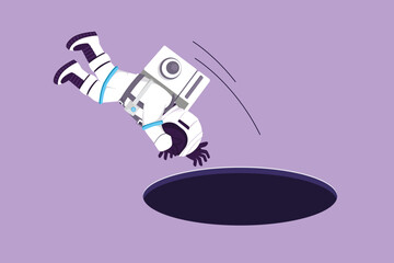 Obraz na płótnie Canvas Cartoon flat style drawing of young astronaut jump into hole in moon surface. Failure to take advantage of exploration opportunities. Cosmonaut deep space concept. Graphic design vector illustration