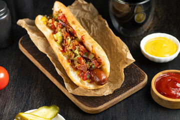 Tasty hot dog with sauses, cherry tomato and cola on black background
