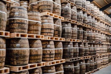 Stored oak barrels in the warehouse of a whisky distillery