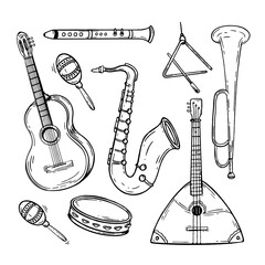 Set musical instruments hand drawn style. Vector black and white doodle illustration - obrazy, fototapety, plakaty