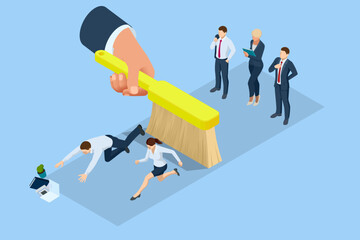 Obraz premium Isometric Personnel Downsizing or Organisational Restructuring. Impact on workforce redundancy. Workplace Pressure, Employee Reduction, Conflict, Exclusion, Downsizing, Incompetence, Exit