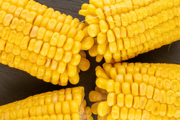 Several fragrant boiled corn on a shale stone, macro, top view.