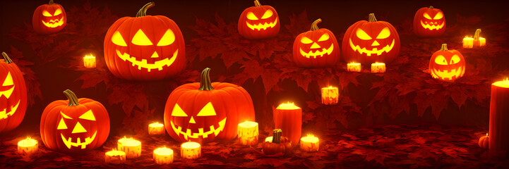 Fototapeta premium Jack O Lanterns - Halloween Background. Banner size. website header. 3d illustration