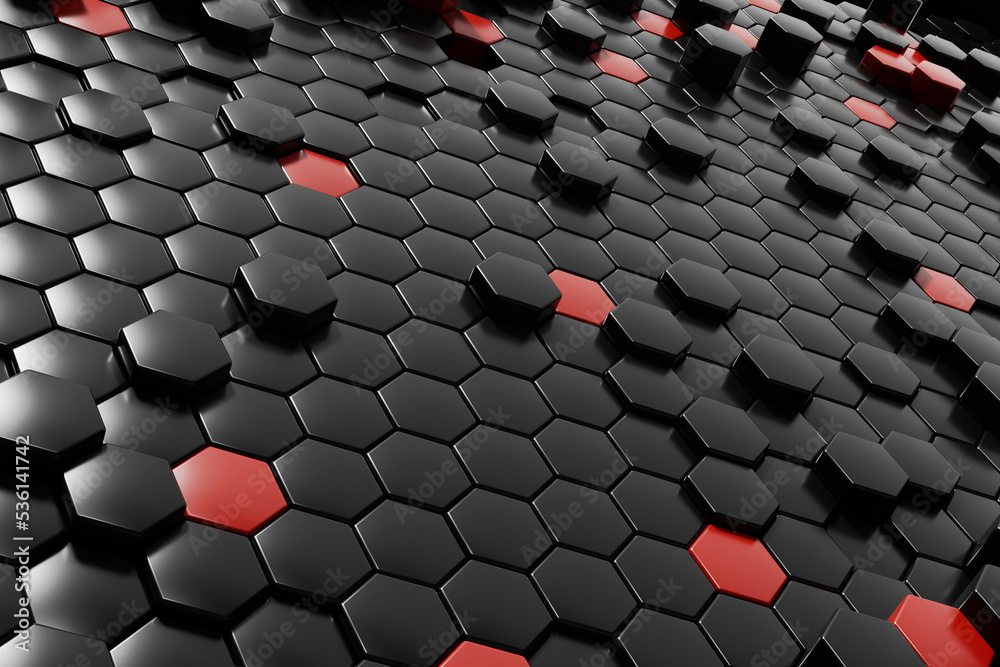 Poster abstract black hexagon with red background 3d rendering