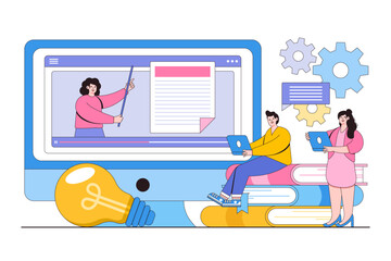 Flat business online education and e-learning at home concept. Webinar, video training, tutorial podcast and coaching. Outline design style minimal vector illustration