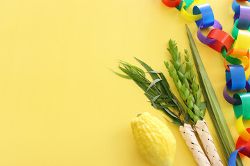 Jewish festival of Sukkot. Traditional symbols (The four species): Etrog (citron), lulav (palm branch), hadas (myrtle), arava (willow) © tomertu