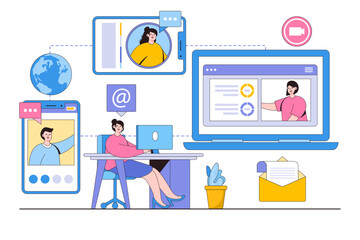 Flat women working use remote technology for video conference with team online concept. Outline design style minimal vector illustration
