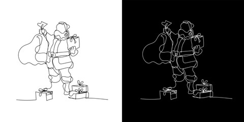 Fototapeta na wymiar Santa Claus continuous line. line drawing christmas day christian celebration with santa claus bringing a lot of gifts