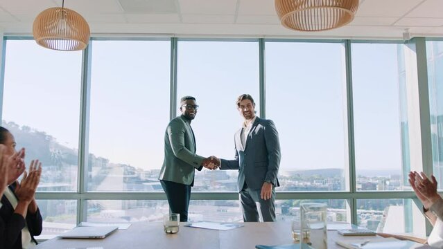 Hand shake, diversity partnership and business meeting celebration for b2b deal, negotiation or merger success. Handshake, collaboration and welcome to corporate company with group of people clapping