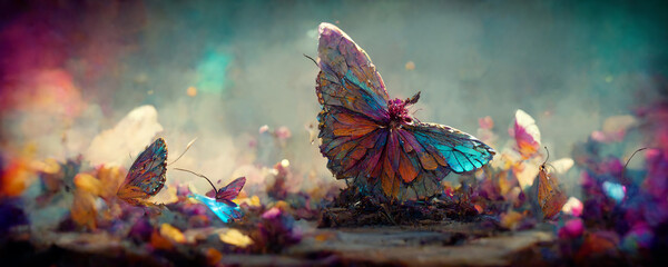 large stunningly beautiful fairy wings Fantasy abstract paint colorful butterfly sits on garden.The insect casts a shadow on nature.The insect has many geometric angles.3d render - obrazy, fototapety, plakaty