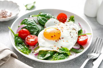 Fried egg with fresh spinach tomato salad for healthy breakfast