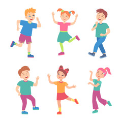 Cute cartoon children dancing together vector illustrations set. Cheerful kids smiling and laughing, small dancer characters isolated on white background. Recreation, party, childhood, sports concept