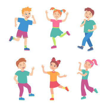 Cute cartoon children dancing together vector illustrations set. Cheerful kids smiling and laughing, small dancer characters isolated on white background. Recreation, party, childhood, sports concept
