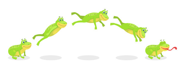 Animated jump sequence movement of frog set. Vector illustrations of small wild toad with tongue. Cartoon leap of green frog, funny animal jumping and sitting isolated on white. Movie, motion concept