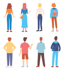 People from behind set. Vector illustrations of adult man and woman back view. Cartoon rear persons in casual clothes standing, waving hand, watching isolated on white. Communication, crowd concept
