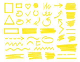 Lines drawn by yellow marker set. Vector illustrations of underline strokes, arrow direction, cross, tick check mark drawing with permanent highlight marker isolated on white. Sketch doodle concept - obrazy, fototapety, plakaty