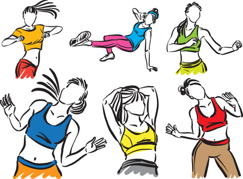 women 2 workout fitness moves stretching exercising health sport concept vector illustration