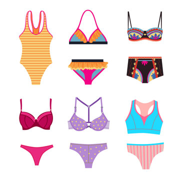Swimsuits for women set. Vector illustrations of stylish beachwear, bikini top and bottom. Cartoon swimwear with stripes, flowers isolated on white. Fashion for woman, summer beach party concept