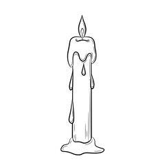 Hand-drawn elongated wax candle. Burning candle with melting wax and dripping drops. Sketch in doodle style. Isolated vector illustration with strokes.