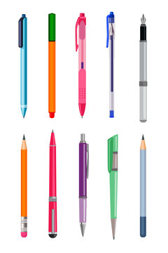 Pen and pencils cartoon illustration set. Colorful writing materials for writing and drawing. Clipart vector collection for school, art, creativity concept