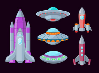 Spaceships cartoon illustration set. Isolated spacecrafts, ufo and rocketships. Flat vector collection for galaxy, futuristic technology, game and space concept © PCH.Vector