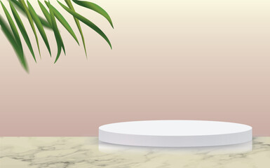 Realistic 3d vector product display stand with round ceramic stage on a marble desk texture. Green palm leaves. Pink gradient background.