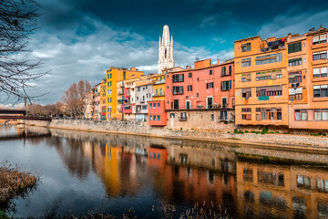 Cityscape view and buildings around the River Onyar in Girona, Spain