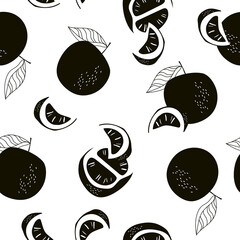 Tropical seamless pattern with citrus, oranges, grapefruit. Fruit repeated background. Black and white print for fabric or wallpaper. - 536146546