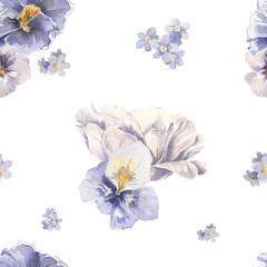 Floral Watercolor Seamless Pattern White Lilac Iris Violet
 Pastel Flowers Rustic Garden Boho Wedding Bouquet