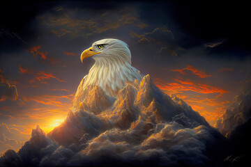 The eagle flying in the mountains. Illustration for books, cartoons and printing products.