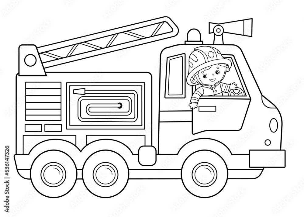 Wall mural Coloring Page Outline Of cartoon fire truck with fireman or firefighter. Professional transport. Coloring Book for kids.