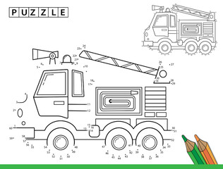 Puzzle Game for kids: numbers game. Coloring Page Outline Of cartoon fire truck. Coloring Book for children.