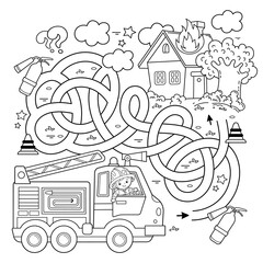 Maze or Labyrinth Game. Puzzle. Tangled road. Coloring Page Outline Of cartoon fireman or firefighter with fire truck. Fire fighting. Coloring book for kids.