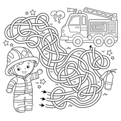 Maze or Labyrinth Game. Puzzle. Tangled road. Coloring Page Outline Of cartoon fireman or firefighter with  fire truck. Coloring book for kids.