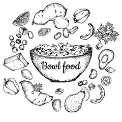 A bowl of food. Vegetarian salad with tomatoes, avocado, tofu, quinoa, beans, yams, paprika. Black white stock illustration on white background, handdrawn,Isolated,For menus,labels,restaurant designs