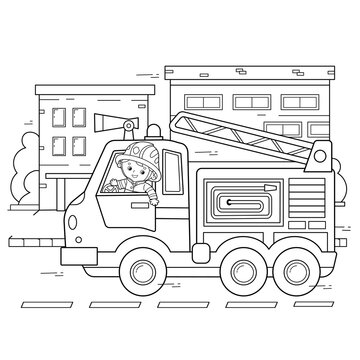 Coloring Page Outline Of cartoon fire truck with fireman or firefighter. Professional transport. Coloring Book for kids.