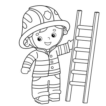 Coloring Page Outline Of cartoon fireman or firefighter with a fire extinguishing ladder. Profession. Coloring Book for kids.
