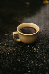 Obraz na płótnie Canvas cup of coffee in the morning. espresso coffee. Coffee porridge on a dark background