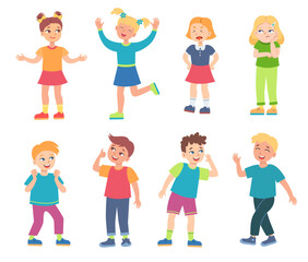 Teen cartoon boys and girls vector illustrations set. Little kids smiling and laughing, characters showing different emotions isolated on white background. Communication, friendship concept