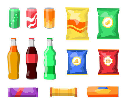 Snacks and drinks flat vector illustrations set. Collection of vending machine products, soda bottle or can, pack of chips, gum, candy bar isolated on white background. Junk food, marketing concept