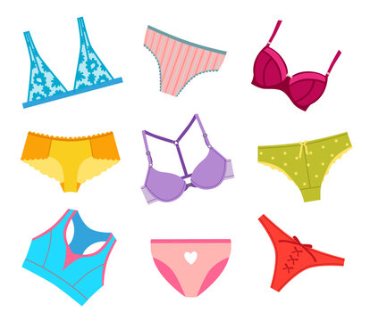 Trendy lingerie or bikini vector illustrations set. Collection of simple or lace female underwear, panties and bras isolated on white background. Fashion, femininity, sensuality, clothing concept